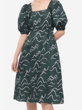 H&M Linen-Blend Puff Sleeve Midi Dress - Dark Green Abstract Scribble - Size Med